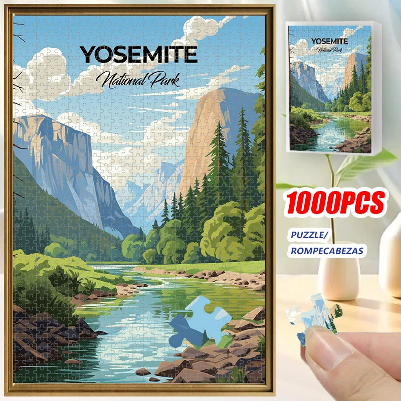 1000pcs Yosemite National Park Puzzle - Large 20x30 Inch Jigsaw with Half-Circle Peaks, Bridal Veil Waterfall Design - Vibrant