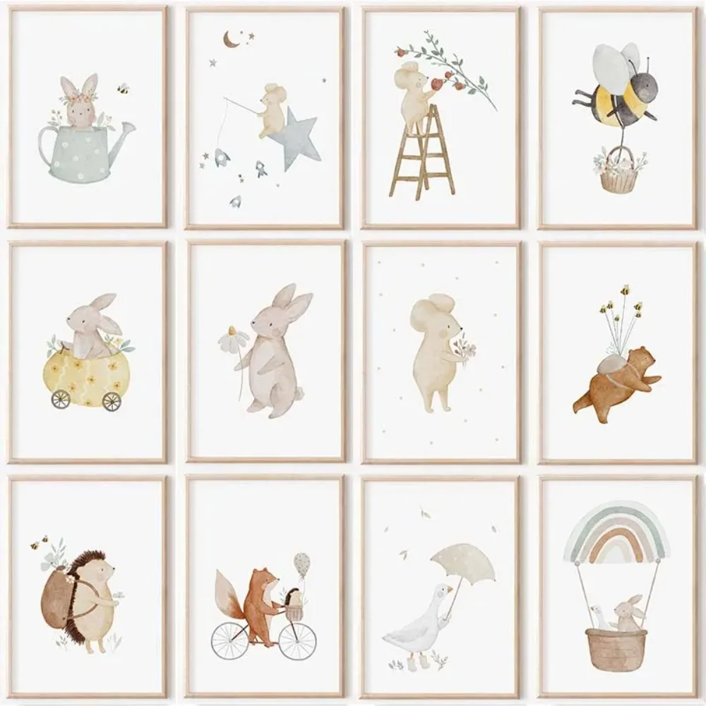 Rahmenlose Boho Cartoon Bauernhof Kunst Leinwandbilder Kaninchen Fuchs Bär Biene Maus Blumen Poster Drucke für Baby- und Kinderzimmer Dekoration