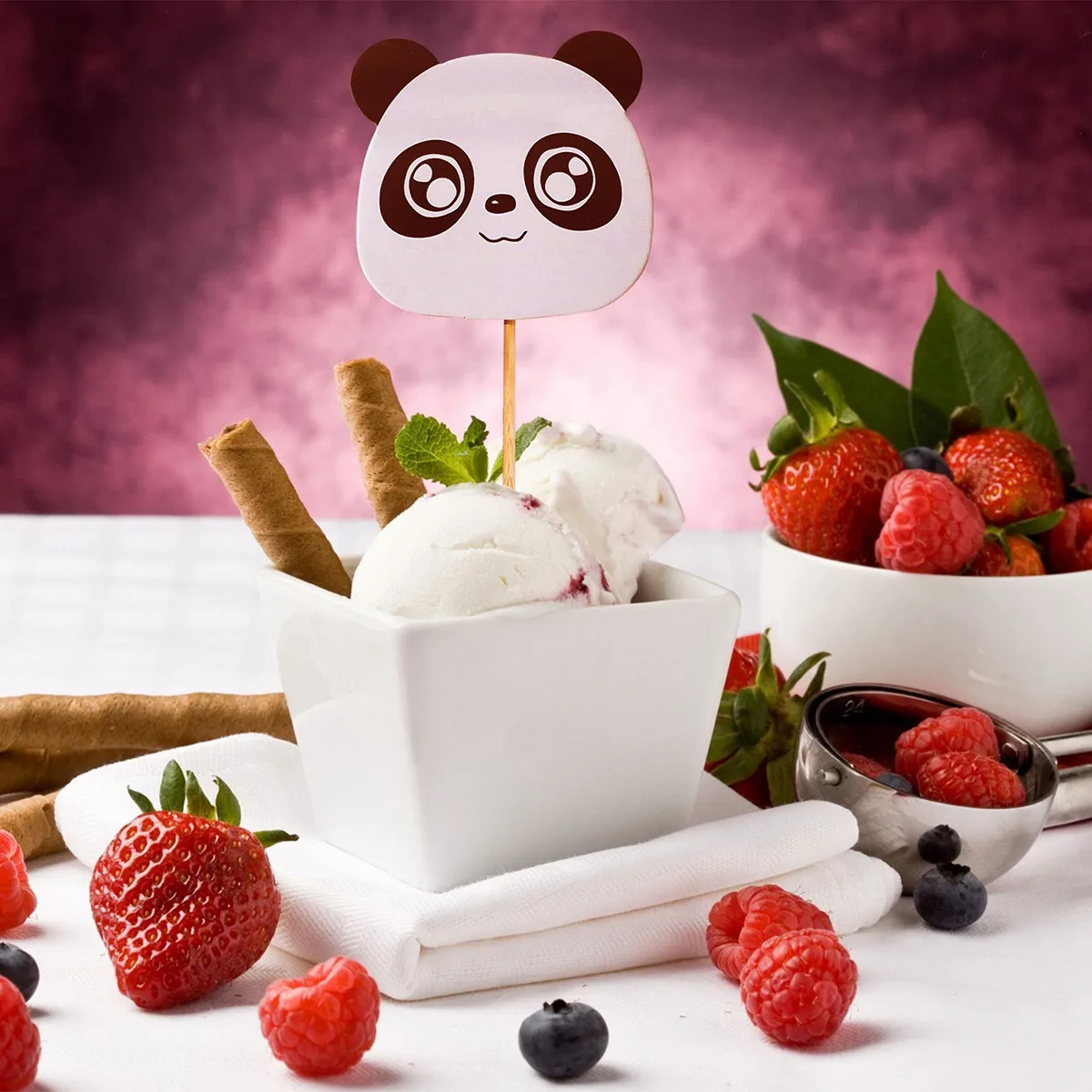 

6pcs Cake Toppers Panda Head Safe Printed Decorations for Kid Birthday Party Cupcake Cake Fruits Ice Cream Wooden Stick Dessert