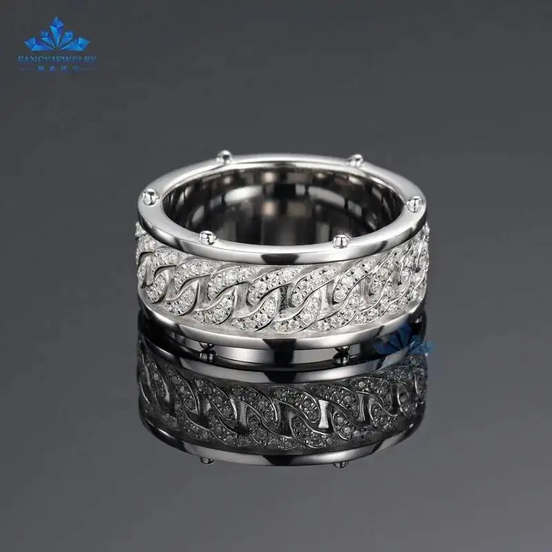 Fine Jewelry Iced Out Hip Hop Cuban Link Ring Gold Plated 925 Sterling Silver VVS Moissanite Diamond Finger Band Ring for Men
