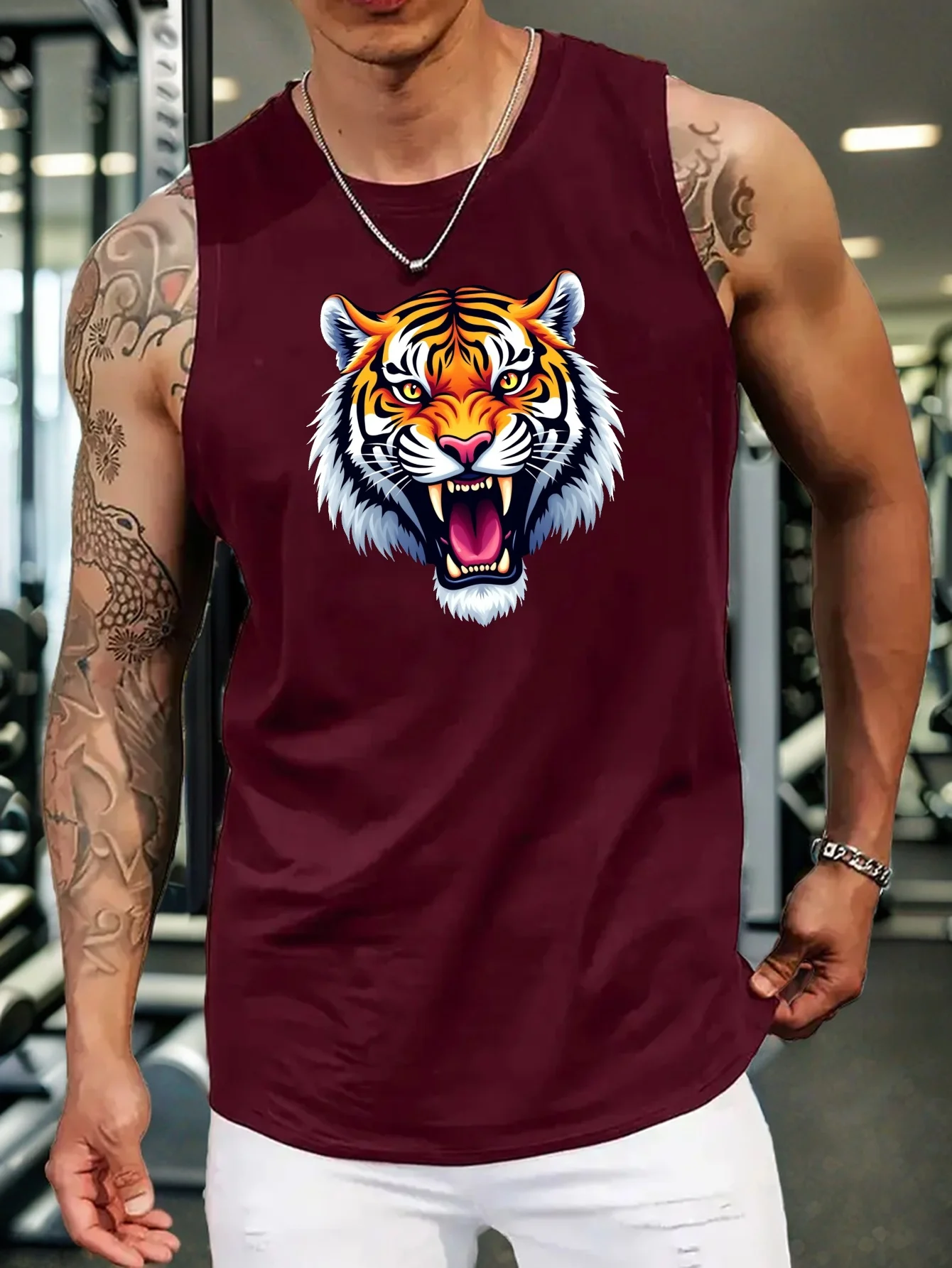 Men's Realistic Roaring Tiger Head Pattern Vest, Summer Casual Round Neck Sleeveless Vest, Breathable Polyester, Comfortable Fit