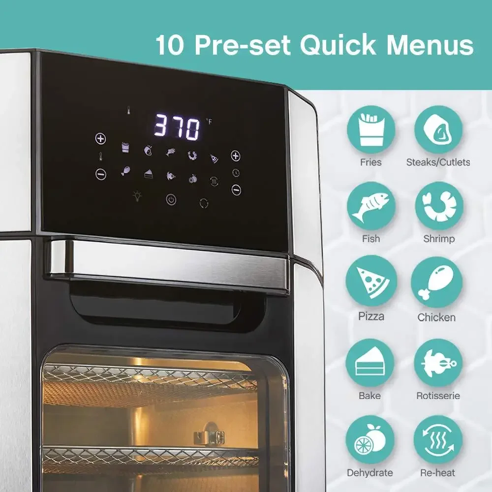 Horno freidora de aire eléctrica, asador combinado de 12,6 cuartos, 6 funciones de cocción, 10 ajustes preestablecidos digitales, circulación de alta velocidad, 75% sin grasa