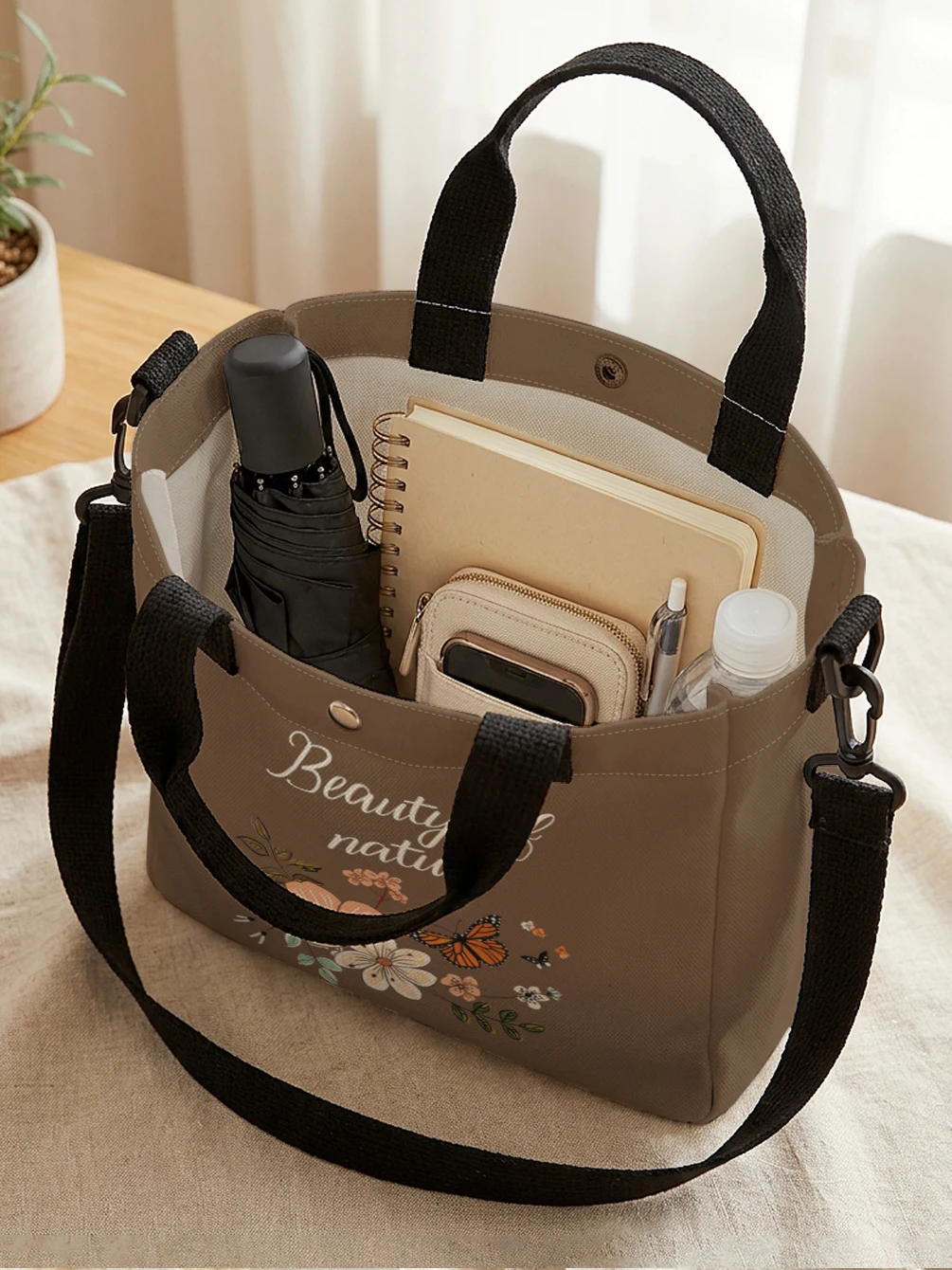 Floral Butterfly Letter Print Brown Canvas Tote Bag Detachable Strap Crossbody Handbag For Women Daily Shopping view 2