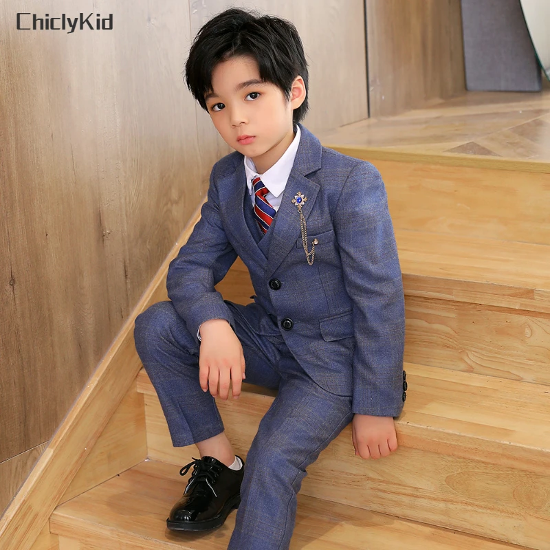 High Quality Boys Plaid Wedding Suits Kids Morning Coat Formal Dress Child Tuxedos Blazer Clothes Sets Toddler School Uniforms