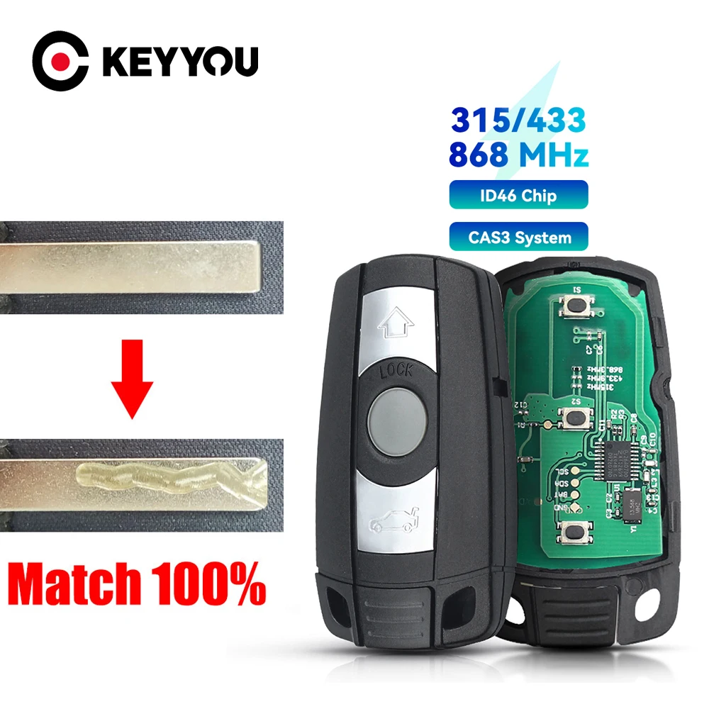 KEYYOU With Cutting Service Remote Key 315/ 433/ 868MHz For BMW CAS3 1/3/5/7 Series X5 X6 E60 E61 E70 E71 E87 E90 Z4 KR55WK491