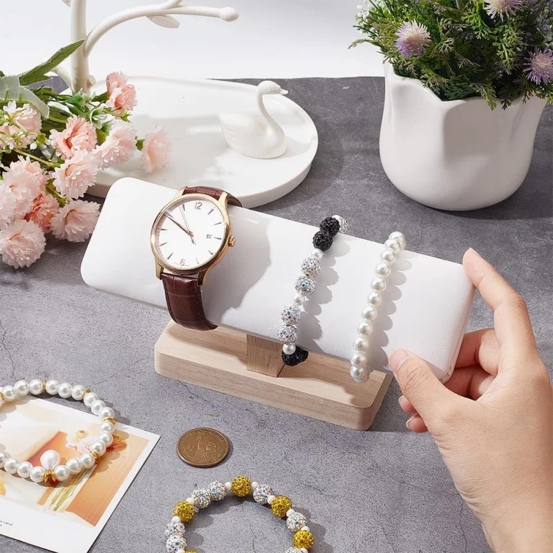 Wooden Watch Display Stand, T-Bar Bracelet Holder Faux Suede Jewelry Organizer Holder Removable Bangle Pendants Anklet Tower