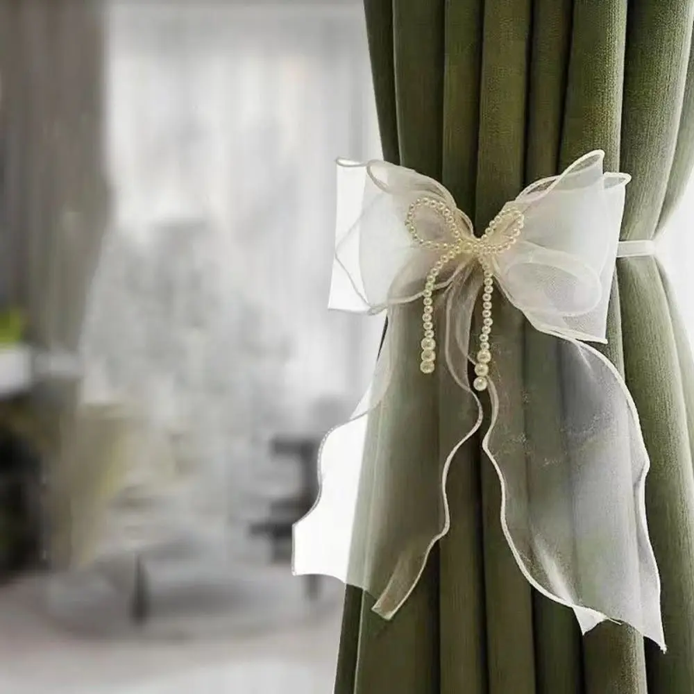 Easy to Use Curtain Bow Tiebacks Princess Style Pearl Bow Design Pearl Bow Curtains Straps Light Luxury Curtains Binding Rope