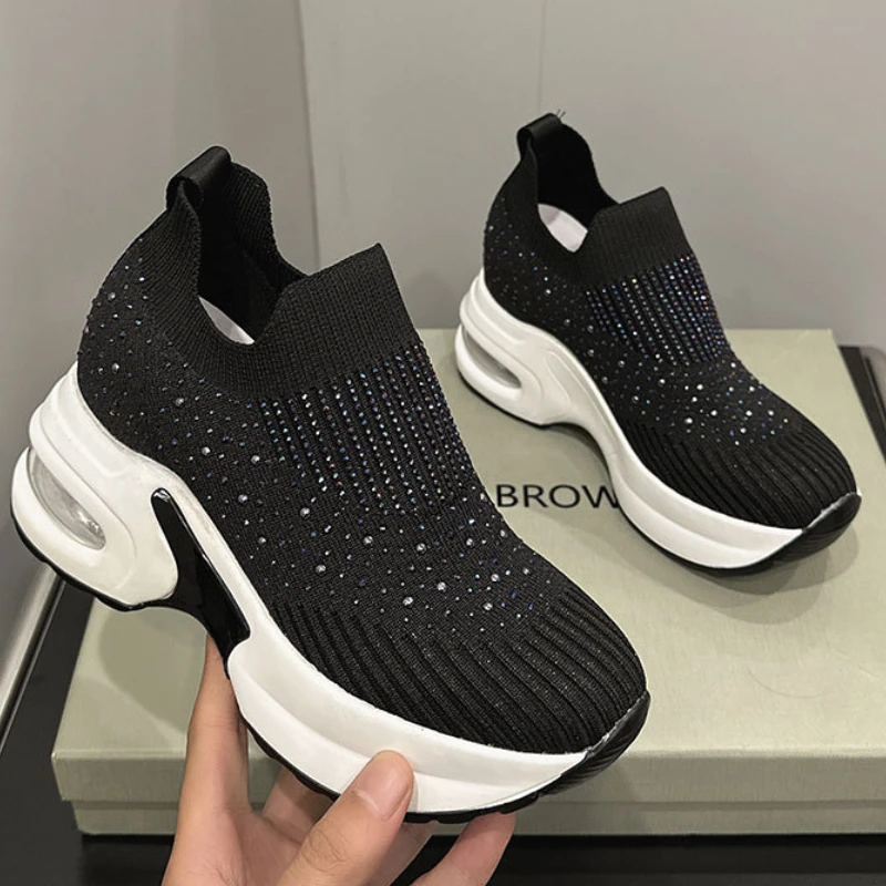 tenis feminino casual sapato femininos sapatilhas femeninas tenis plataforma feminina Strass Cunhas Sapatos das mulheres Malha Respirável Fundo Grosso Tênis Rodada Cabeça Cor Sólida Mocassins Zapatos Para Mujer