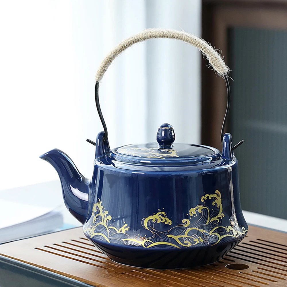 Ji Blue Ceramic Teapot, Household Tea Pot with Stainless Steel Strainer, Large Capacity Ceramic Baili Teapot, 950ml