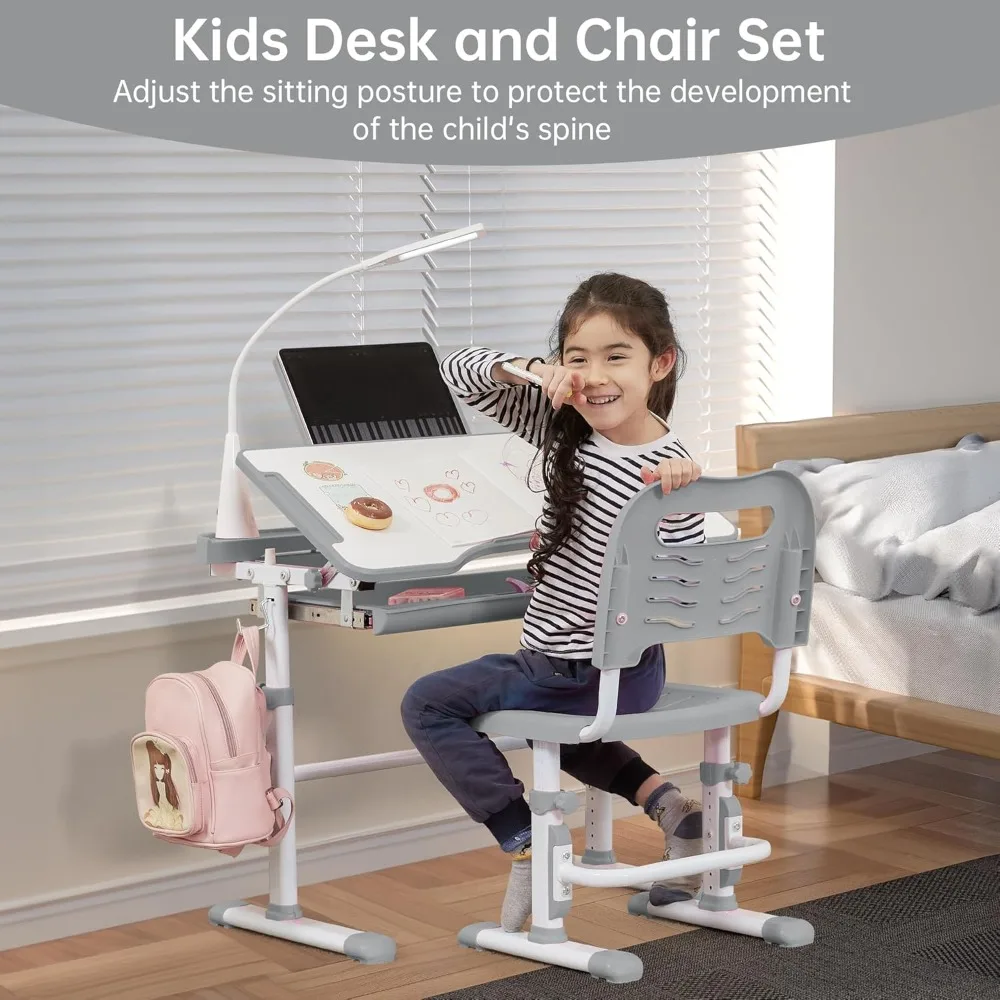 Escritorio y silla de altura ajustable para niños, mesa resistente para estudiantes de escuela, color gris