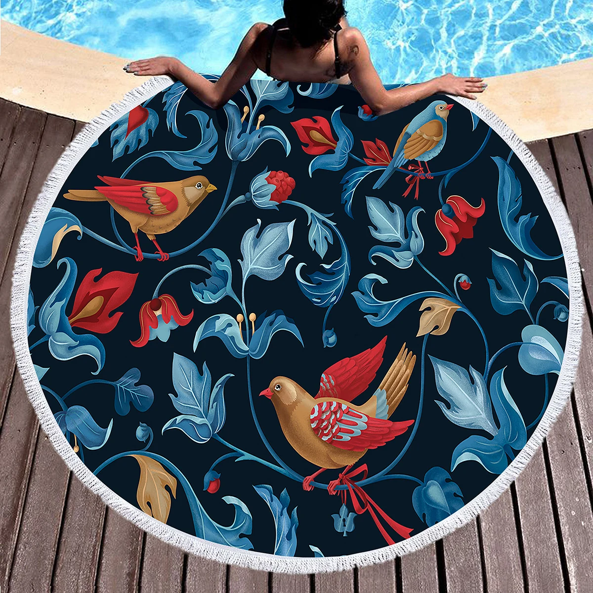 الطيور زهرة طباعة منشفة الشاطئ المستديرة ستوكات دائرة فوط استحمام سريعة الجافة ماصة مناشف حمام السباحة الرمال الحرة شال بطانية شاطئ #4