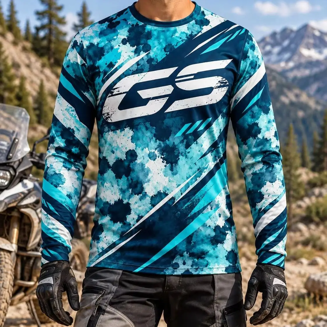 GS Mens Long Sleeve T Shirt Spring Autumn Blue Aqua Tie Dye Motorcycle Riding Jersey Off Road Adventure Motocross MX Unisex Top