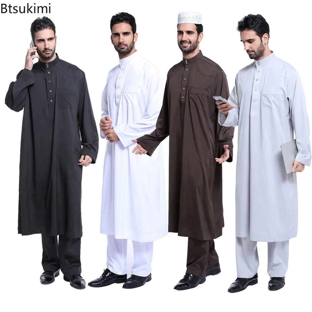 

2025 Muslim Men's Robe Pants Two Piece Sets Solid Stand Collar Abaya Pocket Design Robe Sets Arabic Islamic Clothing Muslim Sets