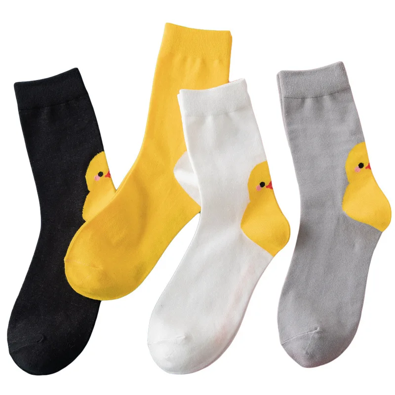 4 Pairs Lot Pack Women Socks Duck New Japenese Korean Style Pattern Art Kawaii Cute Harajuku Happy Colourful Short Cotton Socks