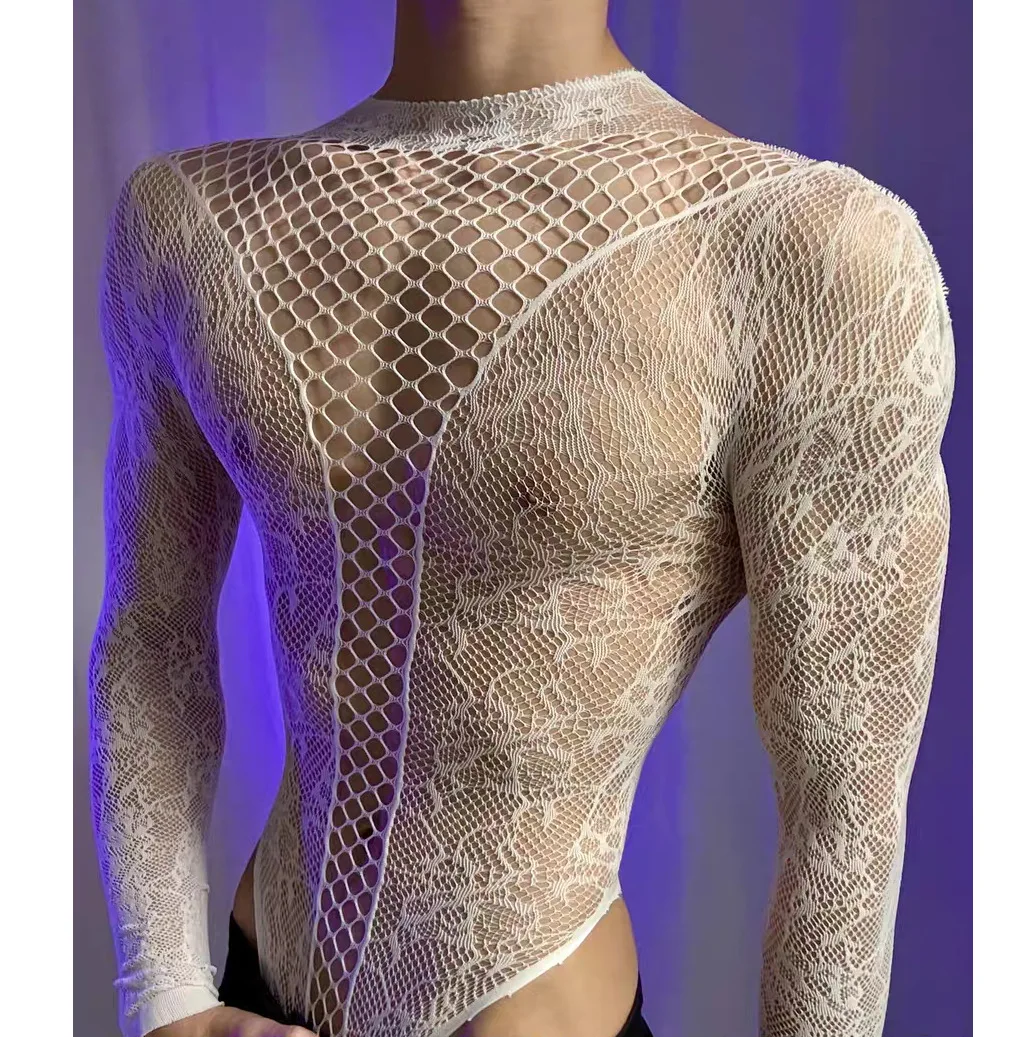 Summer Men's Mesh Tank Transparent Full Sleeves Round Neck T-shirt MenWomen Comfortable Breathable Bodysuit Trend Party Clothing image 2