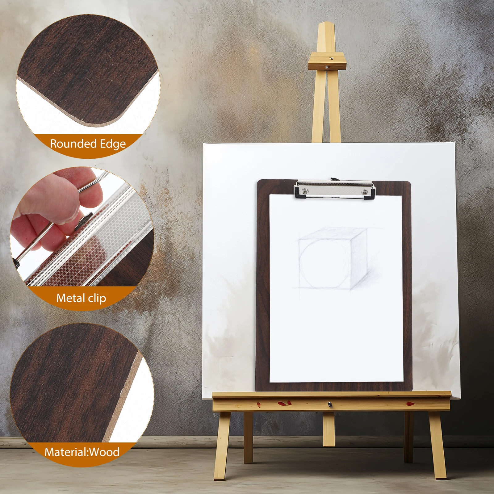 

Wood Clipboard for A4 Lightweight Walnut Sketching Board Strong Metal Clip Retractable Ring Portable Drawing Supplies