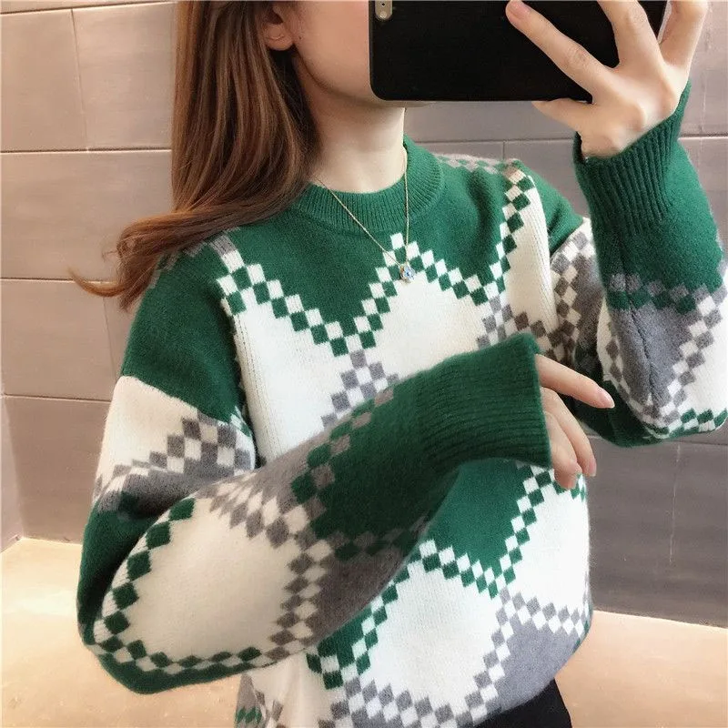 New Autumn/Winter Fashion Korean Edition Spliced Colored Round Neck Loose and Versatile Foreigner Women\'s Long Sleeve Sweater