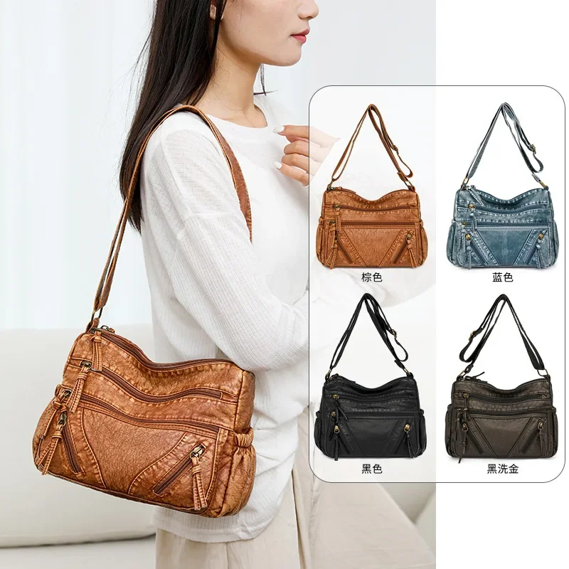 2024 New Women's Bag Messenger Bag Middle-aged Fashion Temperament Soft Leather Large Capacity Multi-layer Shoulder Bag