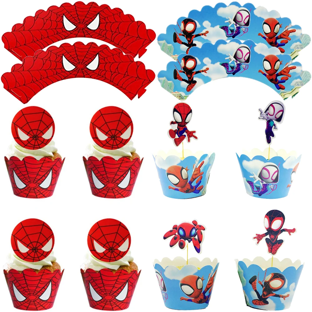 24Pcs Spiderman Cake Decoration Including 12Pc Cupcake Topper and 12Pc Cupcake Wrapper for Kids Boys Birthday Spidey Party Gifts