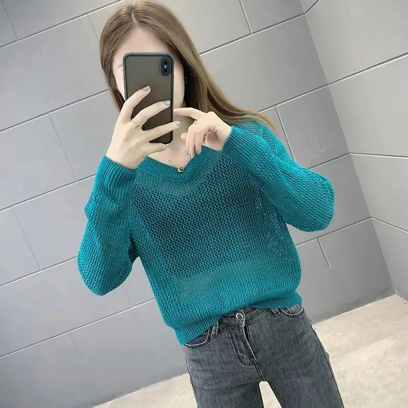 

Spring Summer Female V-neck Pullover Knit Bottom Tops 2024 New Women Fashion Hollowing Out V-neck Loose Pullover Sweater Bottom