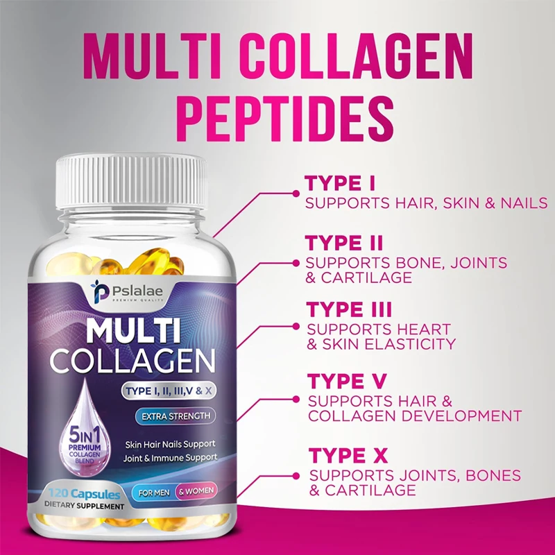 Multiple Collagen Complex - Types I, II, III, V, and X - Hair, Skin, Nail, Bones, Joint Health Support