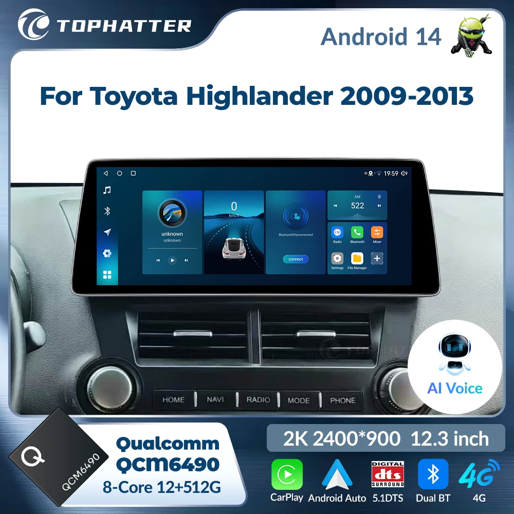 

Tophatter Android Car Qualcomm Radio for Toyota Highlander 2009-2013 Multimedia Player Stereo 12.3 2K Screen 2400*900 Head Unit
