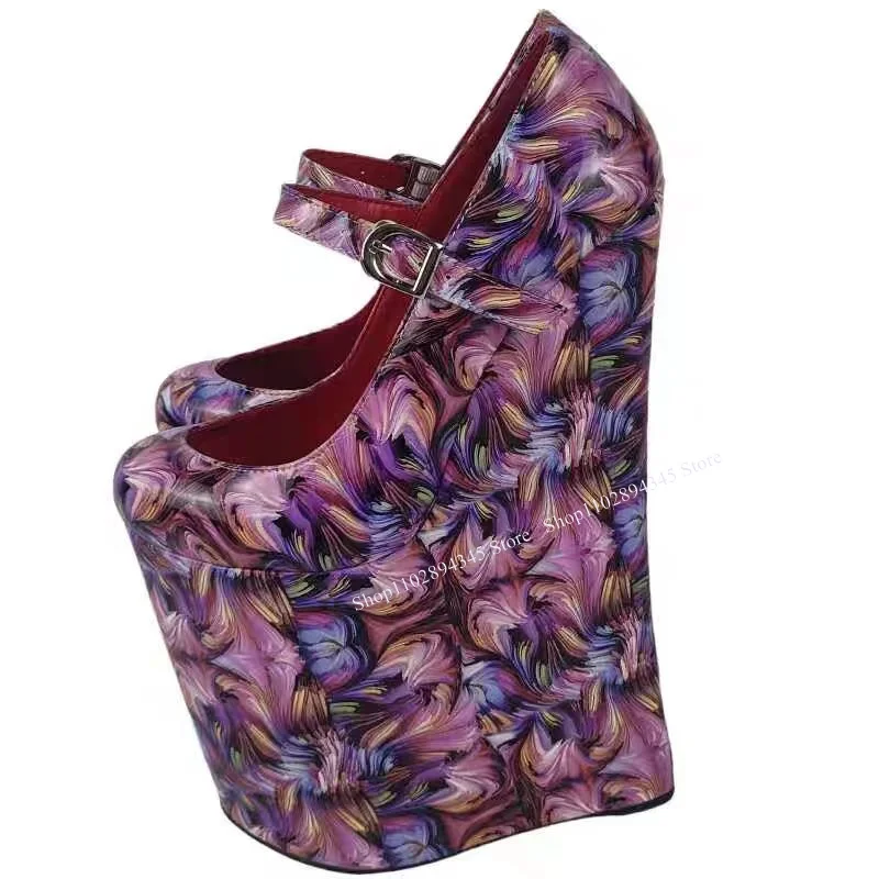 

Purple Flower Pattern Buckle Platform Pumps Wedge Heel Round Toe Fashion Sexy Summer Big Size 2024 Woman Shoes Zapatillas Mujer