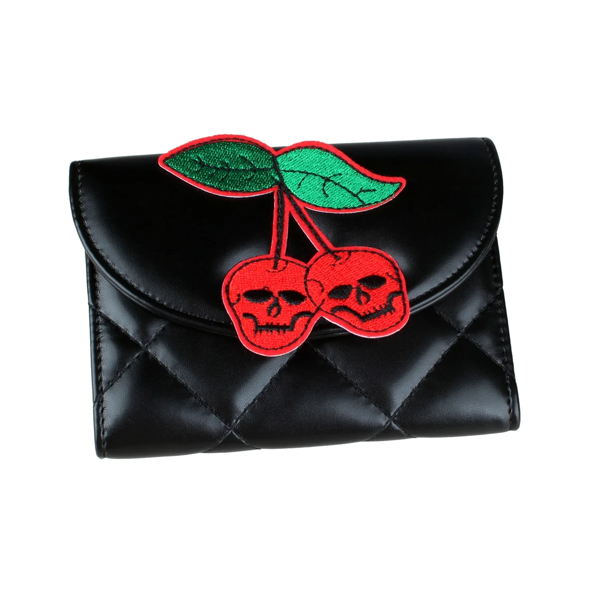 Americana Style Trifold Wallet with Skull Cherry Design, PU Leather Women\'s Halloween Themed Credit Card Holder