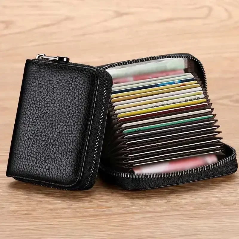 Multi Slot Card Holder Vintage Small Wallet Women Men Business Bank Credit Card Bag Male Coin Pouch Solid Leather Zipper Wallet