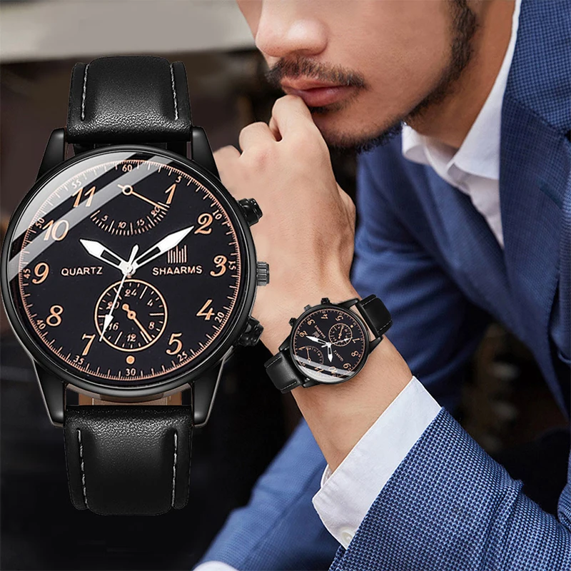 Minimalist Men Business Watch Three Eyes Digital Big Dial Fashion Casual Quartz Wristwatch Leather Strap Sports Watches