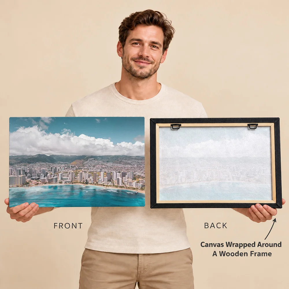 Honolulu Hawaii USA Travel Canvas Print With Wooden Frame Personalized Photo Aerial Coastal Skyline Wall Art For Living Room