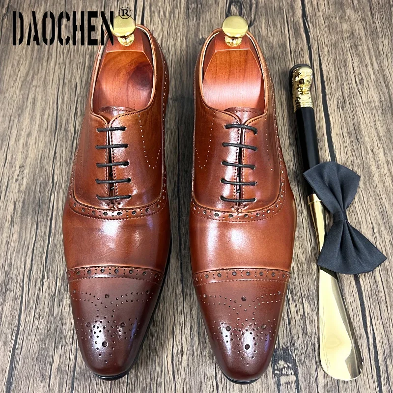 Luxury Brand Men\'s Oxford Shoes Brown Lace Up Pointed Brogues Mens Dress Formal Shoes Wedding Office Leather Men Shoes