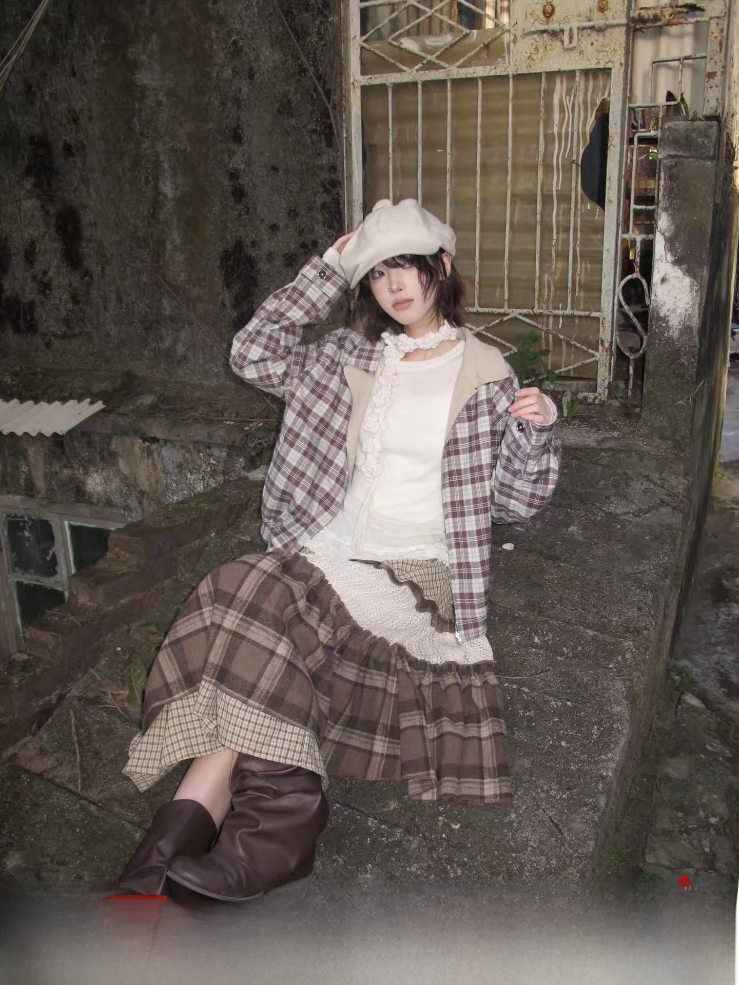 

Women's Plaid Bubble Pine Oil Jaet Double-Sided Wear Loose Fit Casual Top Zipper Closure Long Sve Thiened Cotton