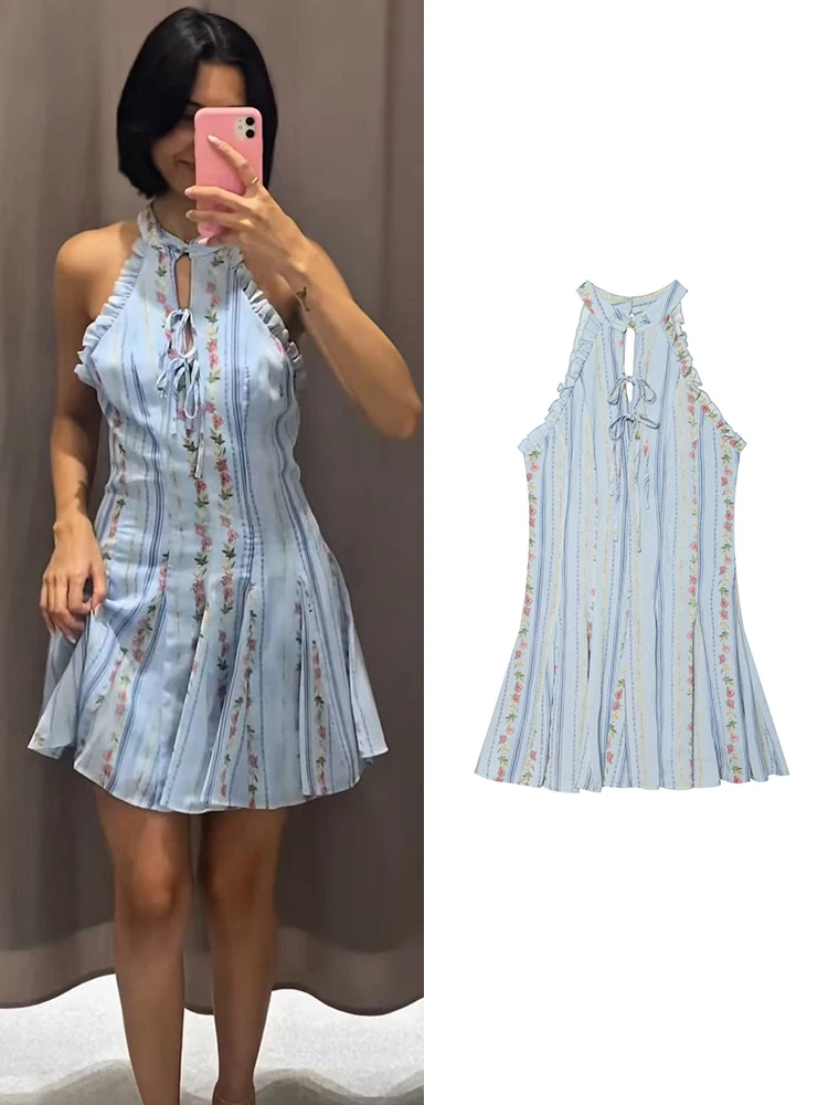 TFMLN Women Floral Striped Halter Dress Ruffle Trim Keyhole Tie Front Sleeveless Vintage Mini Dress Beach Holiday Outfit Summer