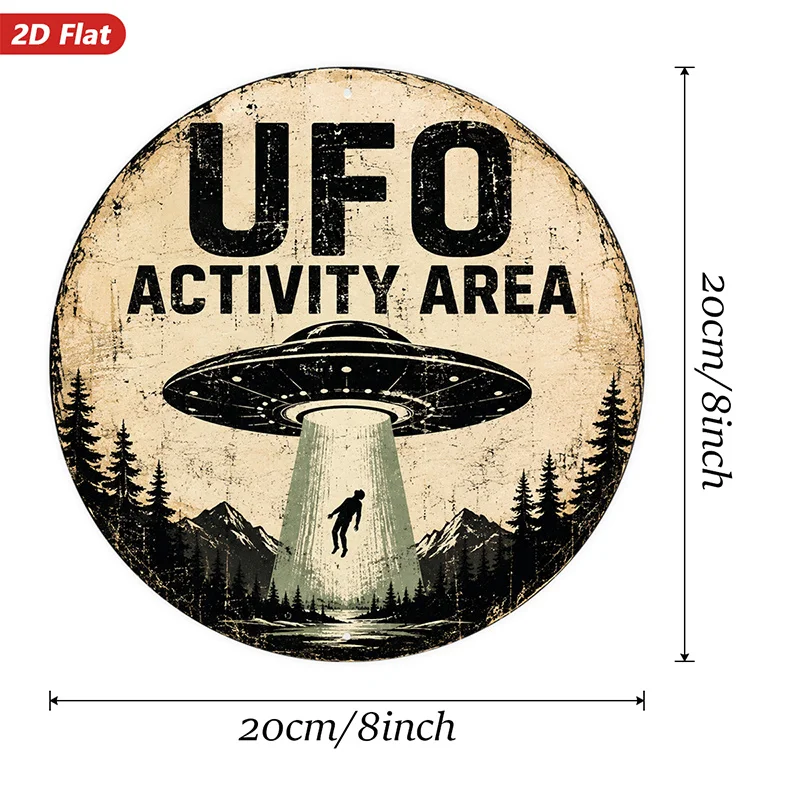 2D Flat, 1pc UFO Retro Sci Fi Round Metal Sign Wall Art, Ideal for Living Room Workspace Corner, Home Decor, UFO Over Mountain F