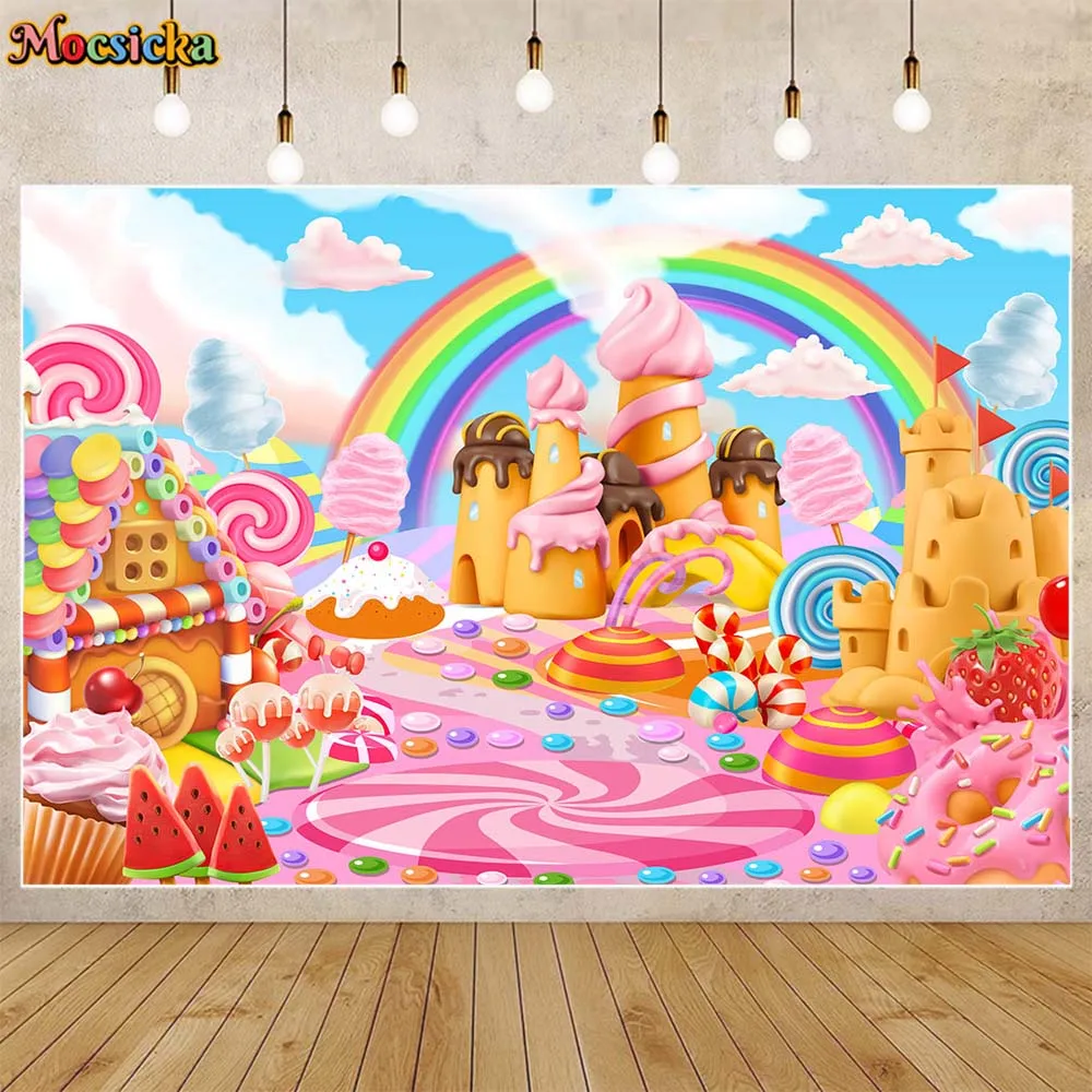 Mocsicka-Fondo para bebés y niños, Castillo de dibujos animados de helado de caramelo, decoración de fiesta de cumpleaños para niños, telón de fondo, pancarta de mesa de postre