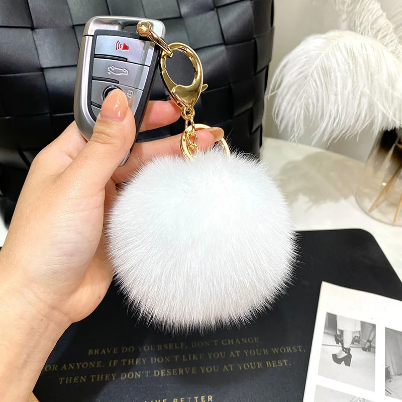 9CM Real Fox Fur Ball Keychains PomPom Fur Pendant Keyring Metal Key Chains Rings Bag Charm For Women Jewelry Gifts