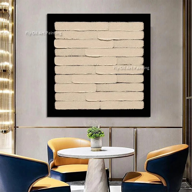 Cream Beige Horizontal Brushstroke Oil Painting, Handpainted Impasto Canvas Art, Black Border Minimalist Abstract Wall Art
