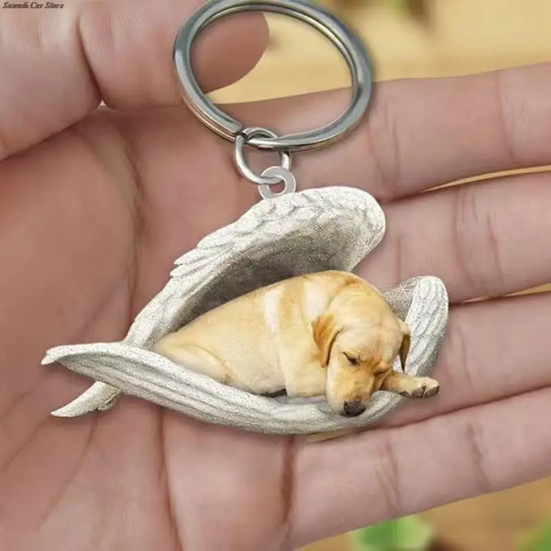 Cute Sleeping Dog with Angel Wings 2D Acrylic Key Chains Lovely Puppy Animal Keychain Car Metal Keyrings Car Key Holder Souvenir