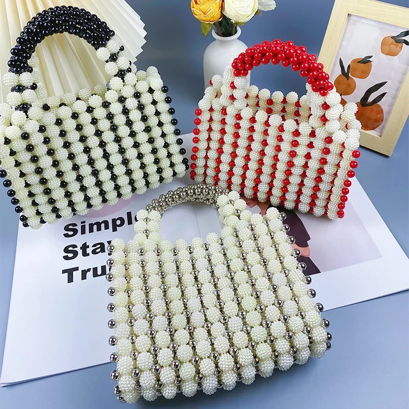 

Fashionable Retro High-end Portable Dinner Bag Customized New Niche Contrasting Pearl Handmade Woven Beaded Ladies Handbag