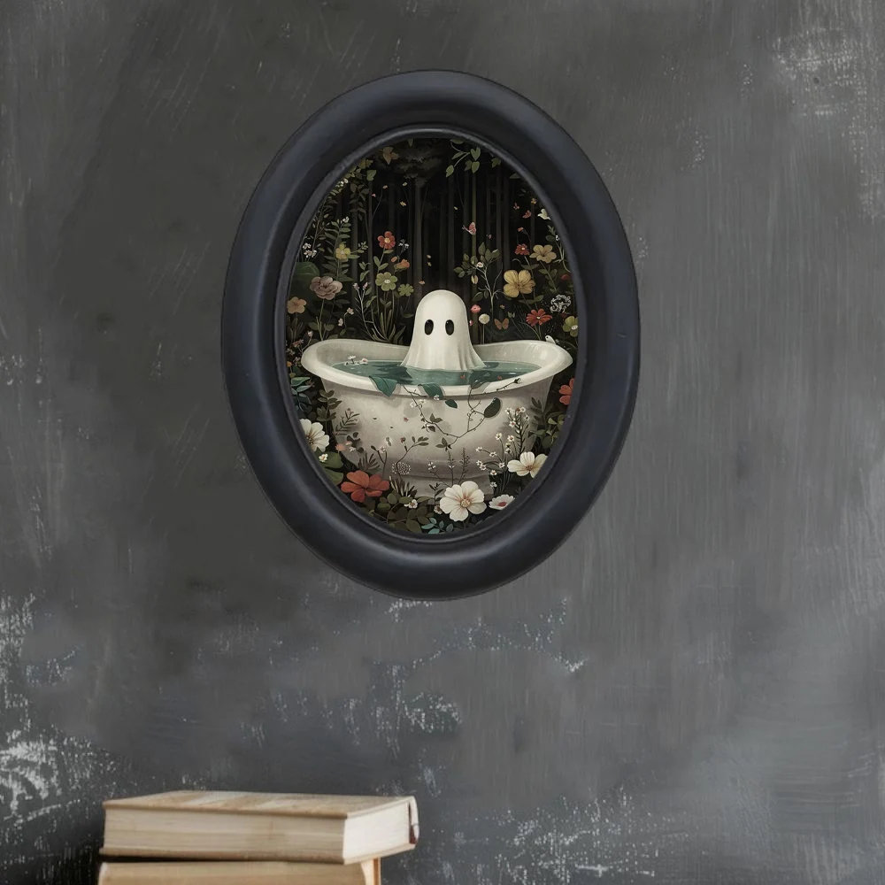 1 Piece of Retro Halloween Little Ghost in the Flower Bath Decoration Mural - Handmade Oval Wooden Decorative Wall Art (5.25* 4.16inch), Oval Decoration, Halloween, Christmas, Thanksgiving Victorian Room Dark Decoration