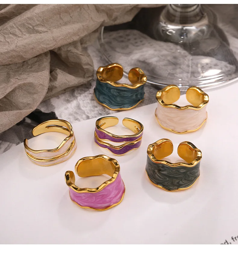 TZgrams S925 Sterling Silver Chunky Ring Enamel Irregular Wave Glaze Gold Plated Opening Type Women Trendy Fine Jewelry Gift