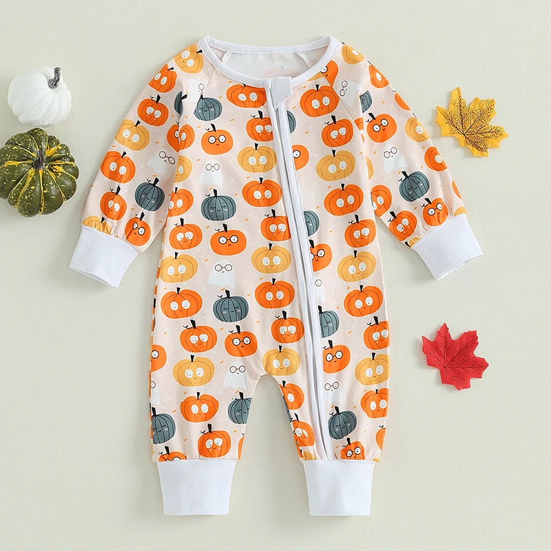 

Infant Toddler Pumpkin Costume Long Sleeve Round Neck Cartoon Print Bodysuit Halloween Party Outfit for Baby Boy Girl