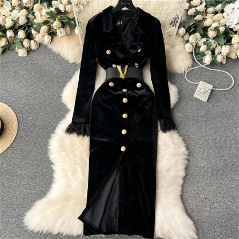 

Long-sleeved gold velvet dress women's suit collar waist metal button dress