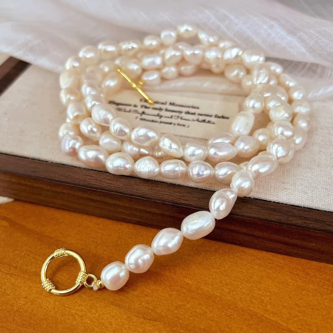 

Винтажная натуральная 8-9 мм белая пресноводная жемчужина в стиле барокко, длинная цепочка для свитера, атмосферное ожерелье, различные способы ношения цепочки на шею