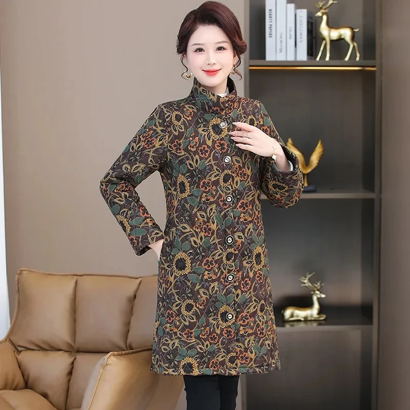 Retro Fashion Autumn Winter Overcoat Mid-Length Women Cotton Coat Linen Quilted Warm Coats Middle Aged Mom Casual Printed Jacket