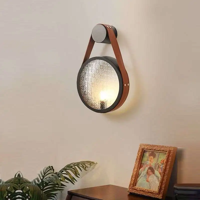 Retro Glass LED Wall Lamp for Bedroom Bedside Living Room Background Restaurant Sconce Leather Creative Wall Lamp Home Decor