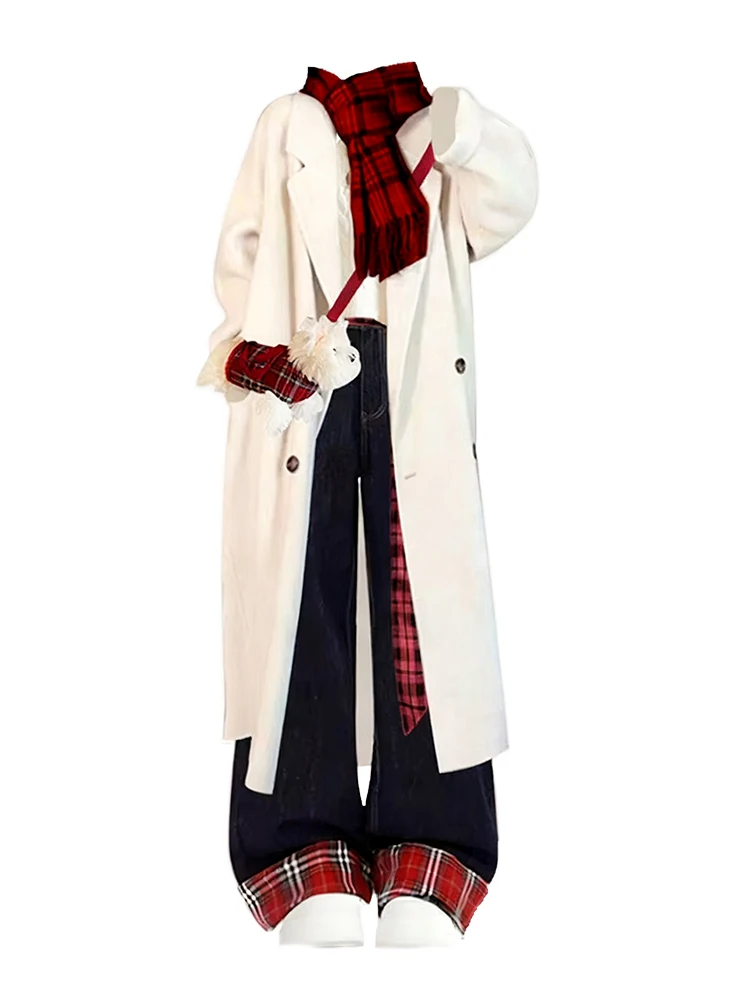 السنة الجديدة جوية الأحمر الدراما الكورية المرأة الشتاء محبوك سترة الدنيم فستان أطفال مع سروال داخلي عالية الخصر منقوشة طويلة Sve عادية Sle