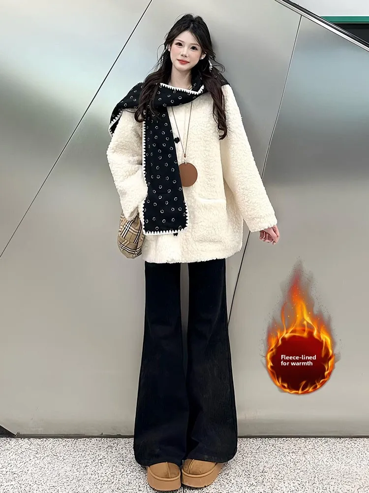 

Black Elastic Flared Jeans Women's Thickened Fleece High Waist Loose Fit Casual Straight Leg Trousers Autumn Winter Fashion