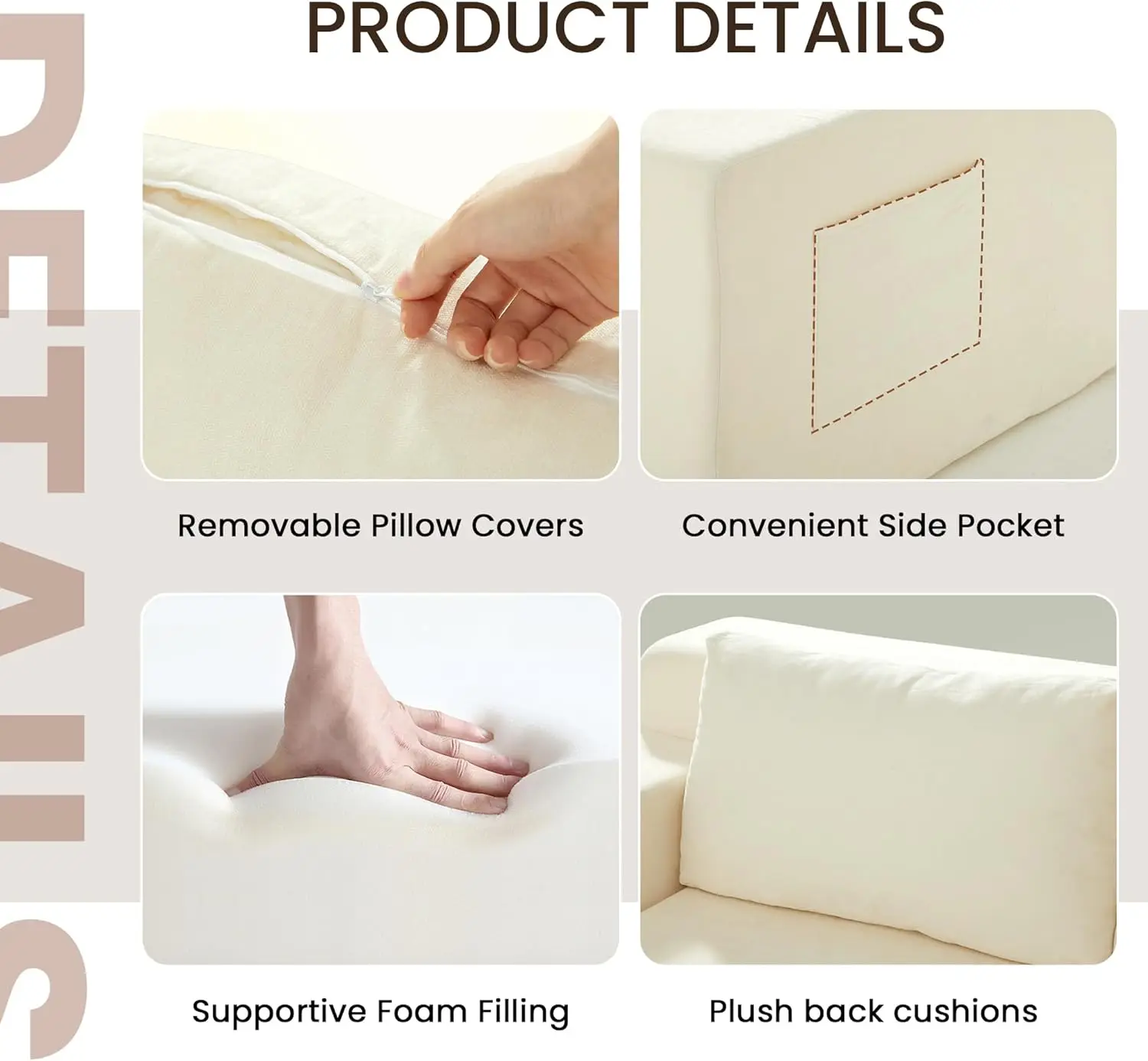 Divano Letto Senza Struttura da 71 Pollici, Divano Pieghevole 4 in 1 a 3 Posti per Soggiorno, Divano Cloud Senza Struttura con Tasca Portaoggetti e 2 Cuscini, Beige